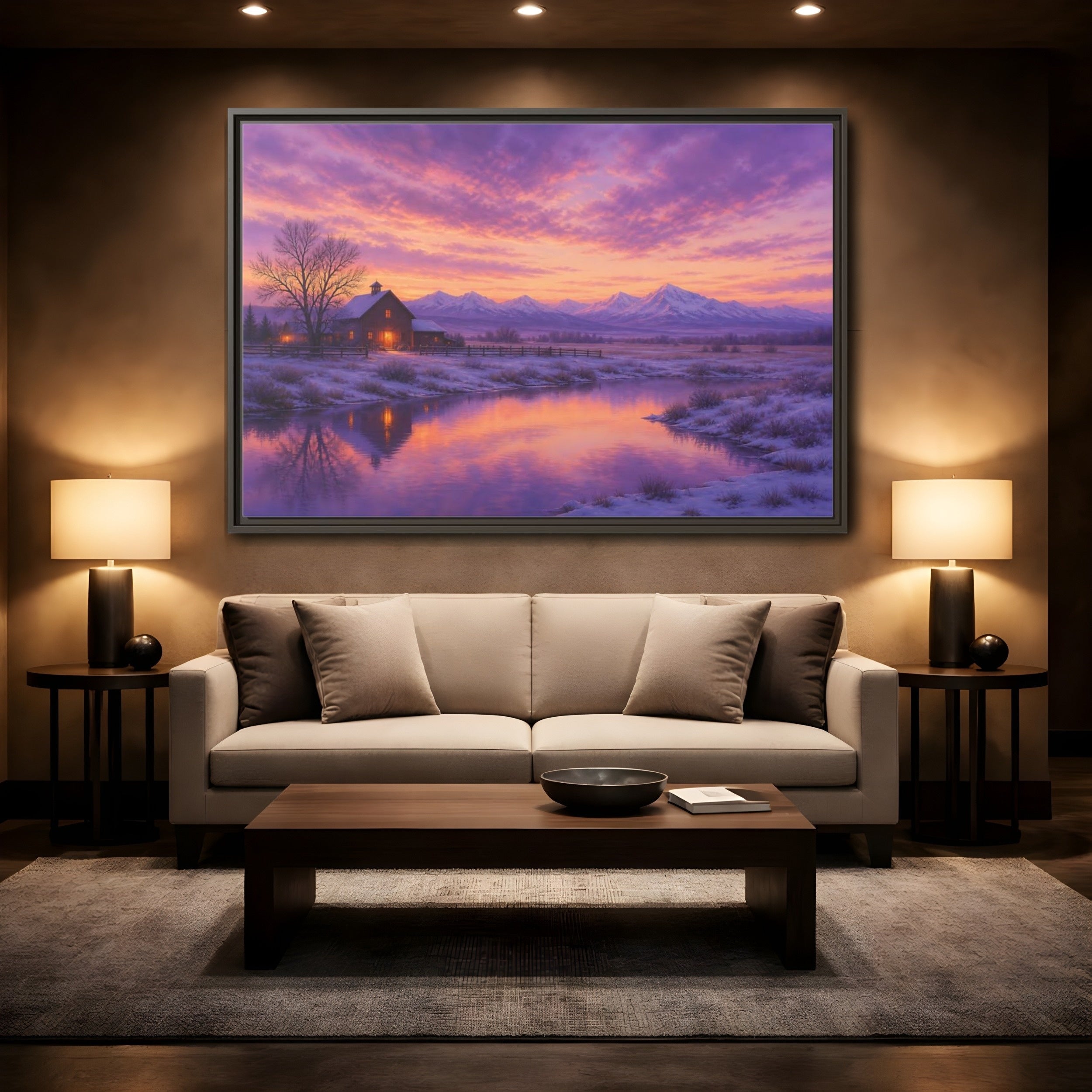 Mockup 2. Nature Winter Landscape Purple Winter Landscape shown as stretched canvas wall art