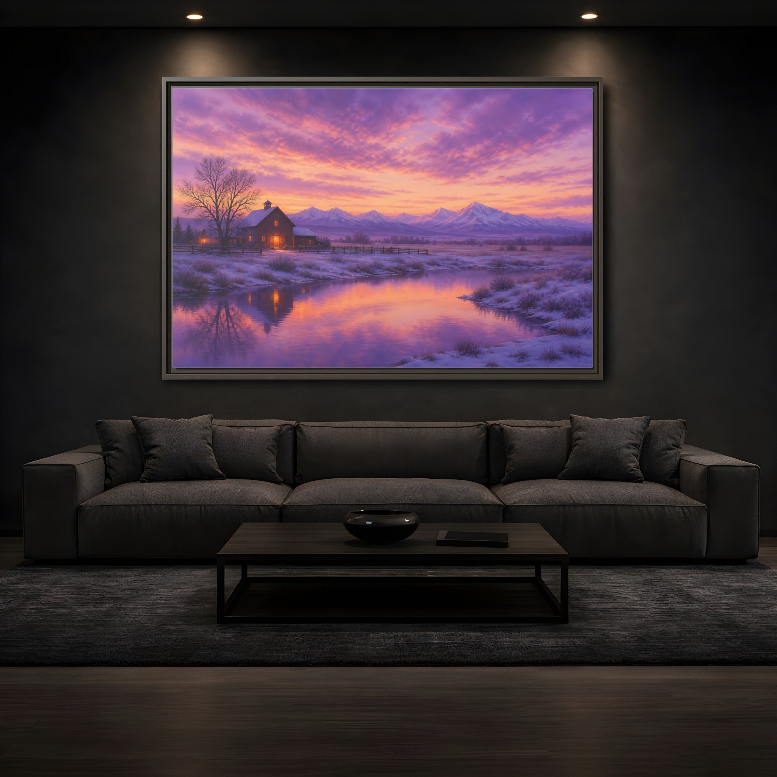 Mockup 3. Nature Winter Landscape Purple Winter Landscape shown as stretched canvas wall art