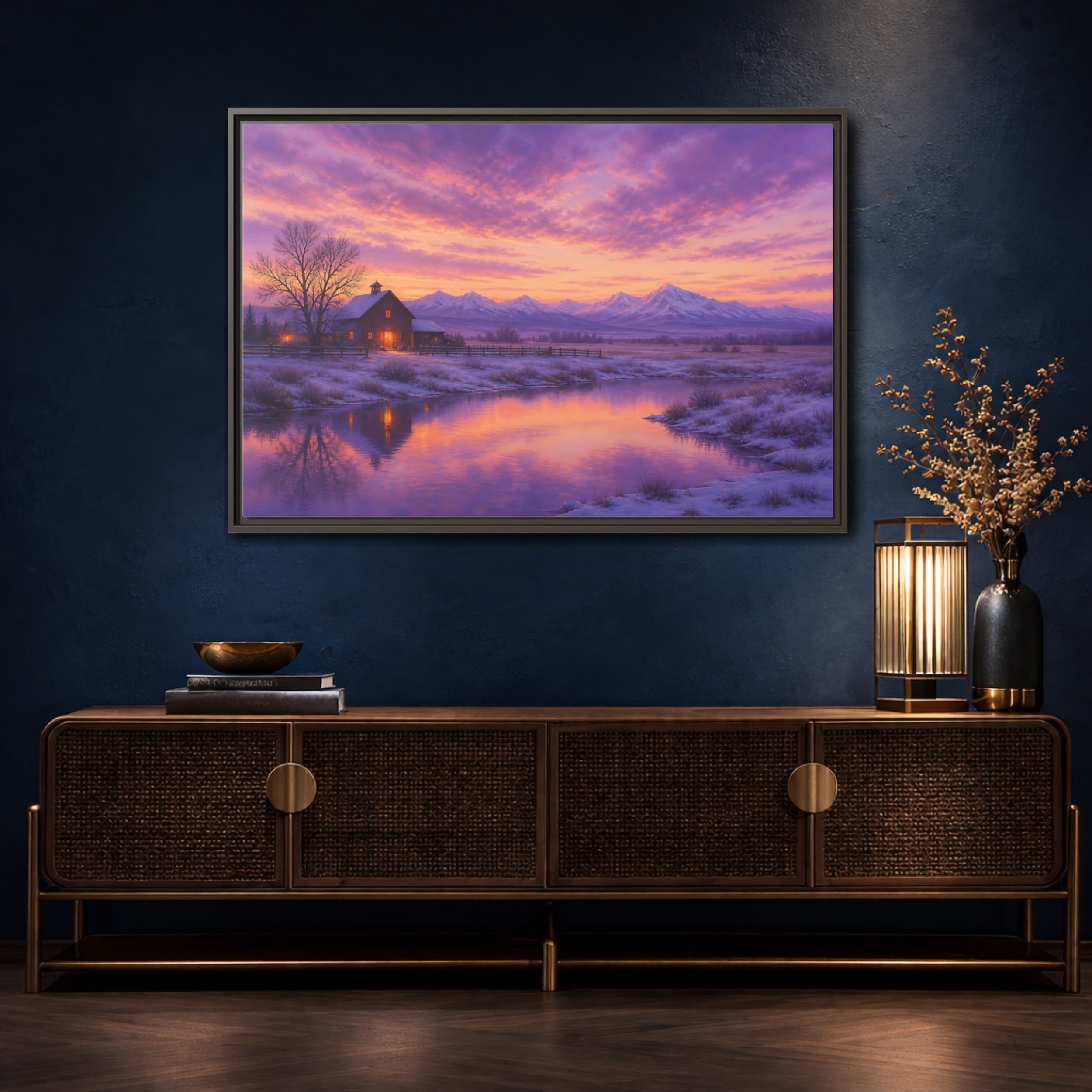 Mockup 4. Nature Winter Landscape Purple Winter Landscape shown as stretched canvas wall art