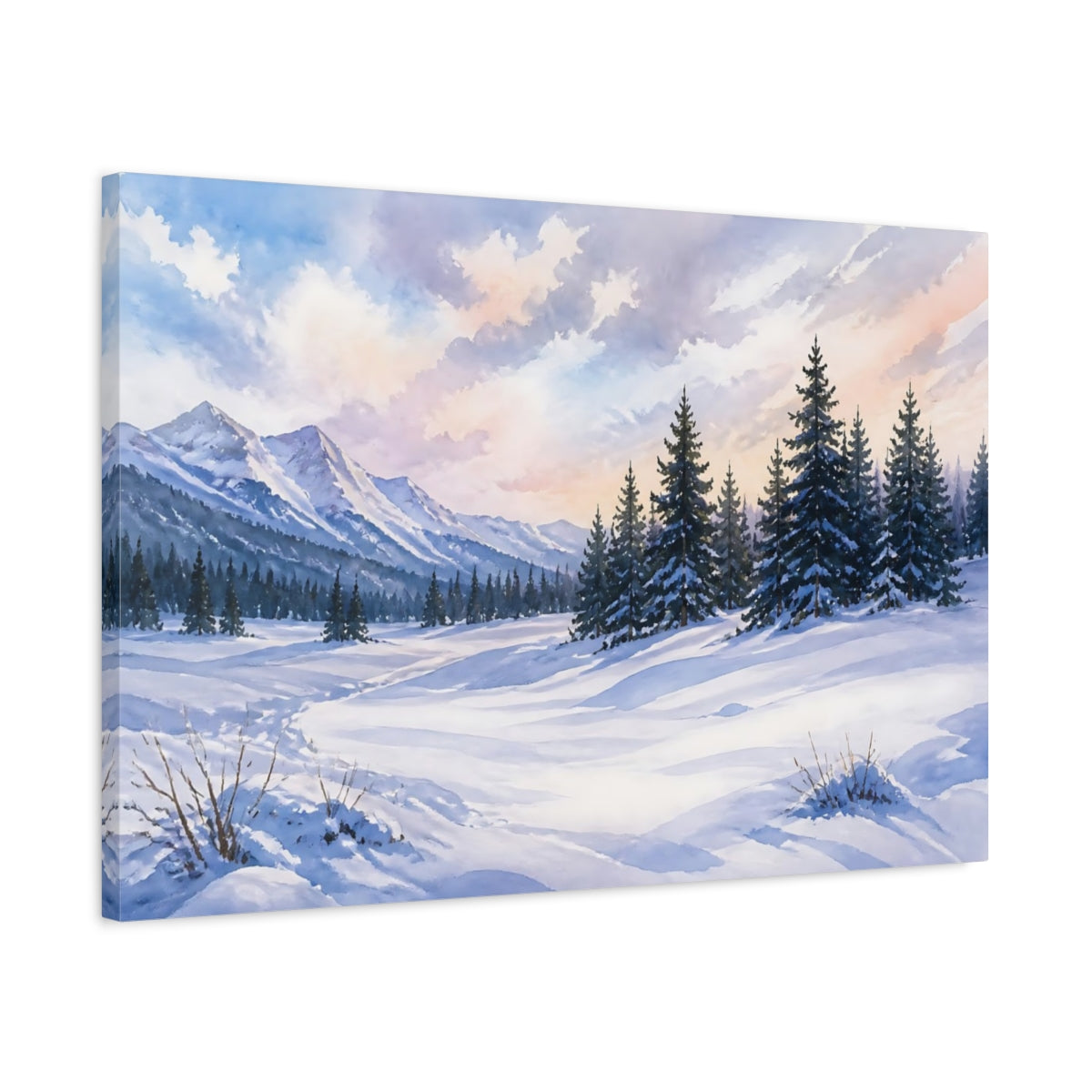 Side Mockup 2. Nature Winter Landscape Snowy Mountain shown as stretched canvas wall art