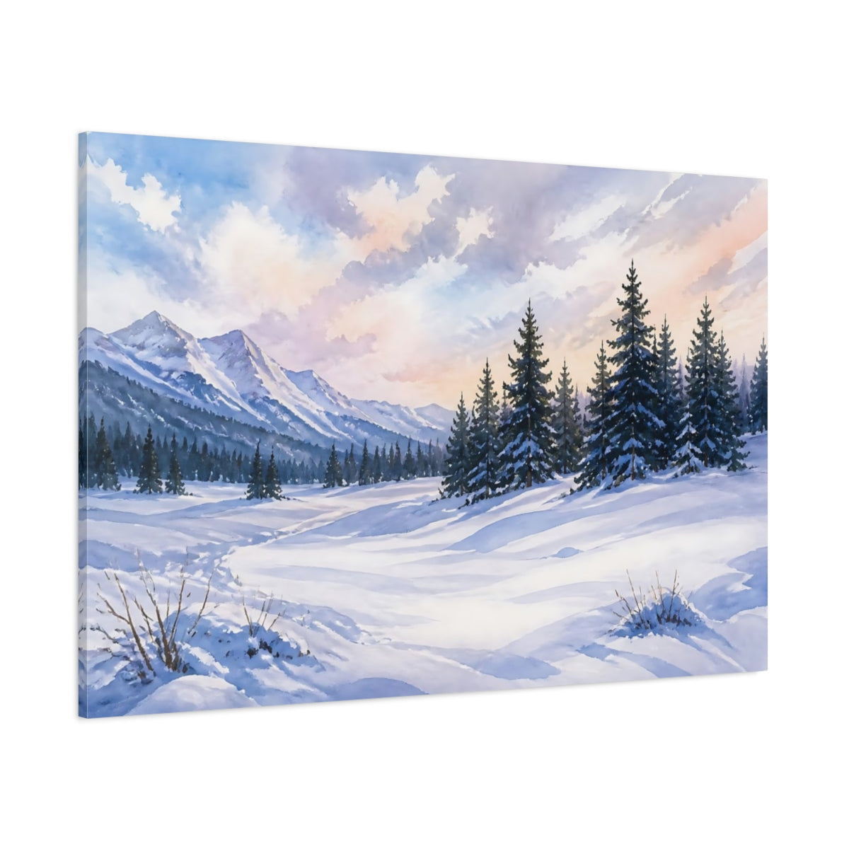 Side Mockup 1. Nature Winter Landscape Snowy Mountain shown as stretched canvas wall art