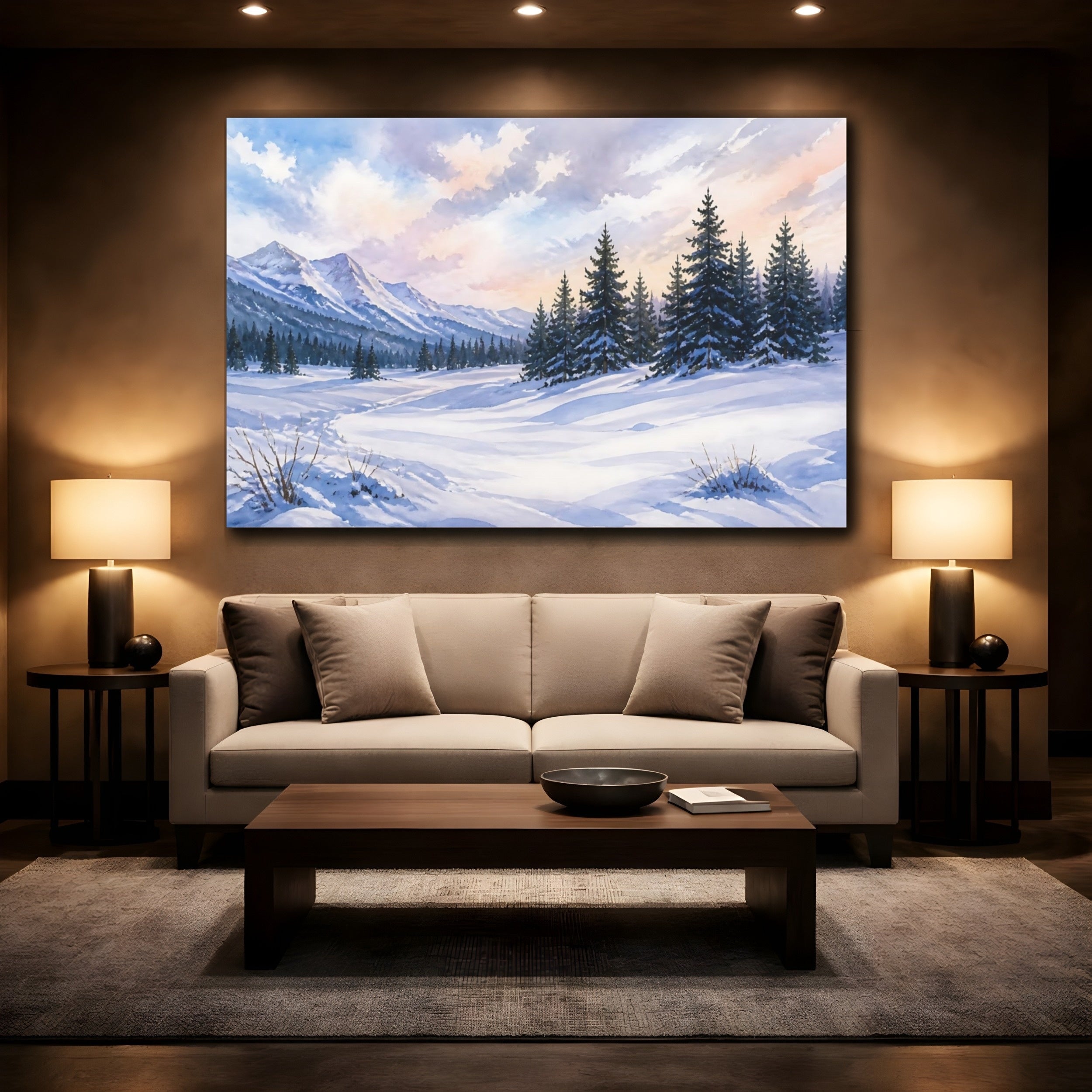 Mockup 2. Nature Winter Landscape Snowy Mountain shown as stretched canvas wall art