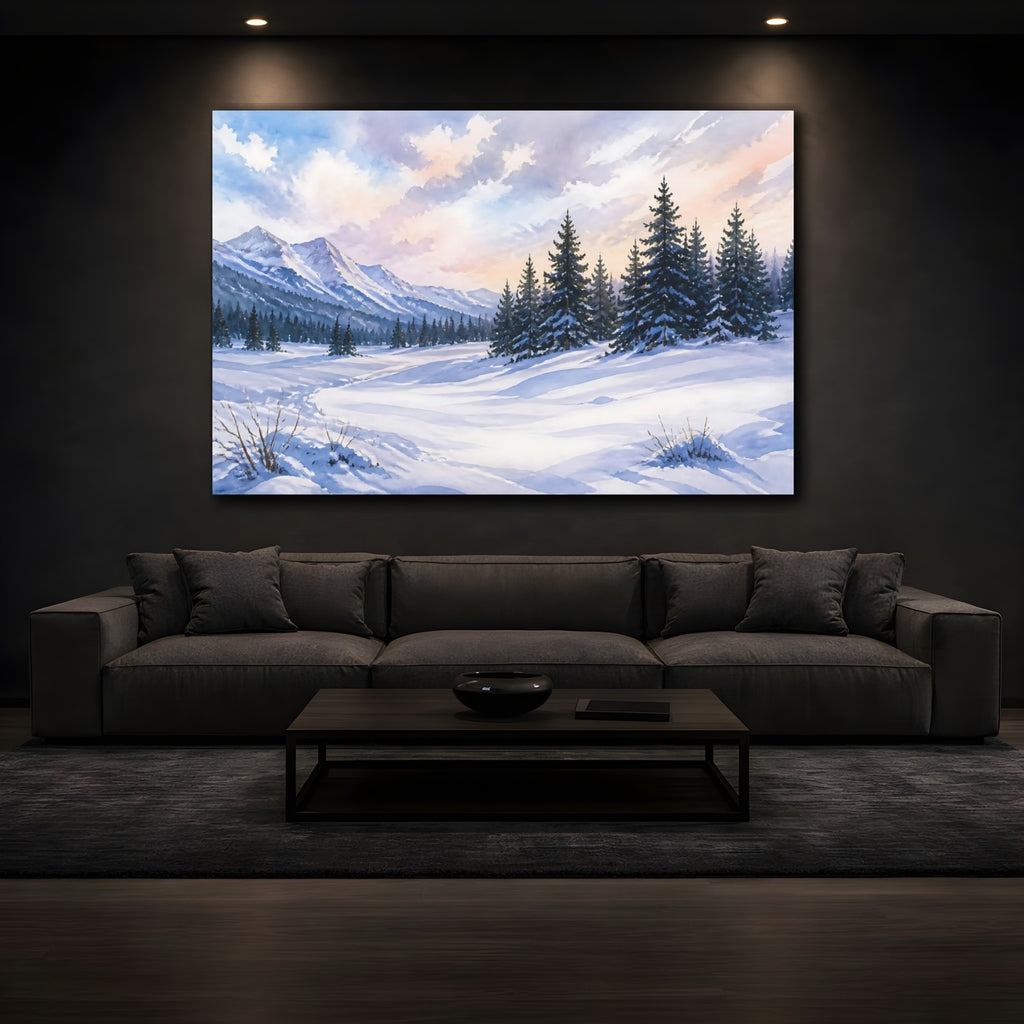 Mockup 3. Nature Winter Landscape Snowy Mountain shown as stretched canvas wall art