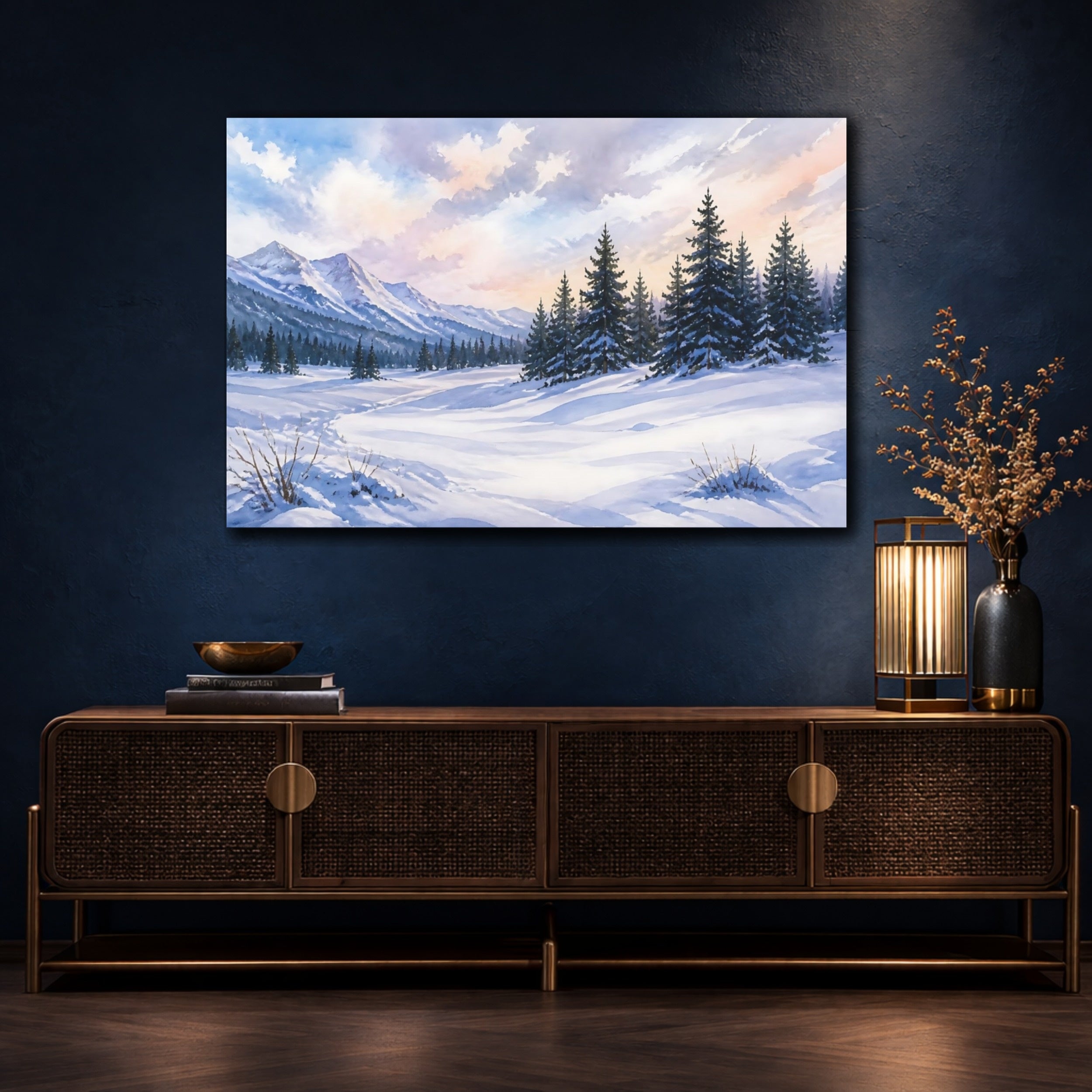 Mockup 4. Nature Winter Landscape Snowy Mountain shown as stretched canvas wall art