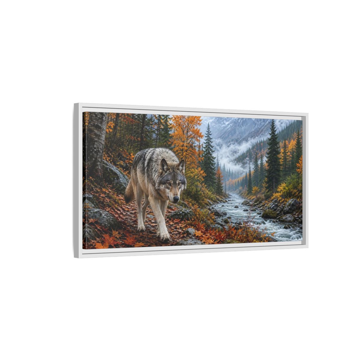 Side Mockup 1. Nature Wolf Autumn Wolf shown as stretched canvas wall art