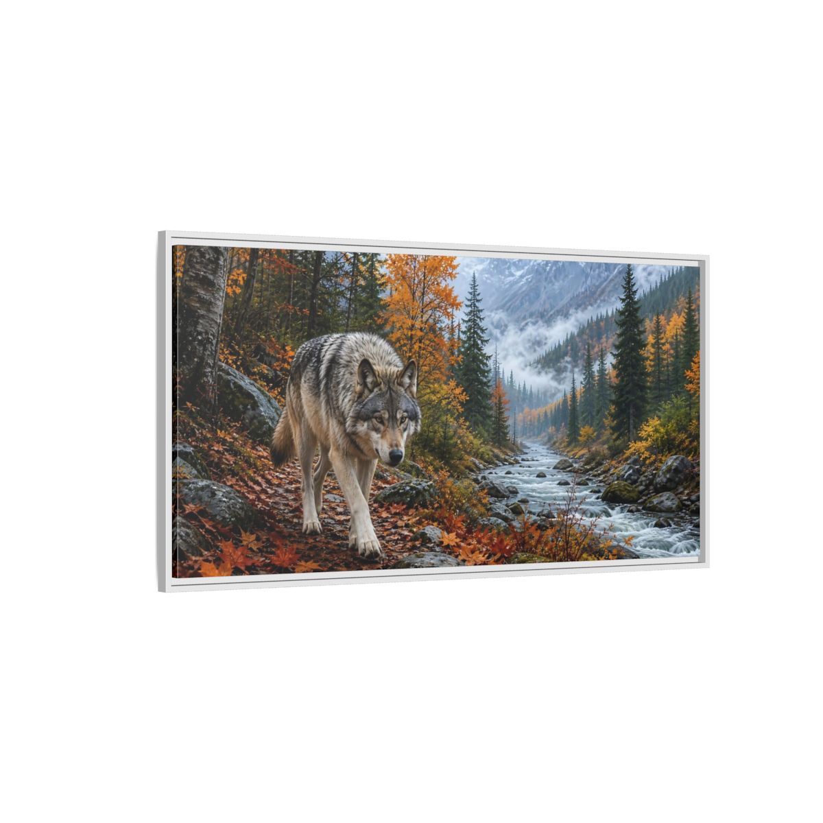 Side Mockup 3. Nature Wolf Autumn Wolf shown as stretched canvas wall art