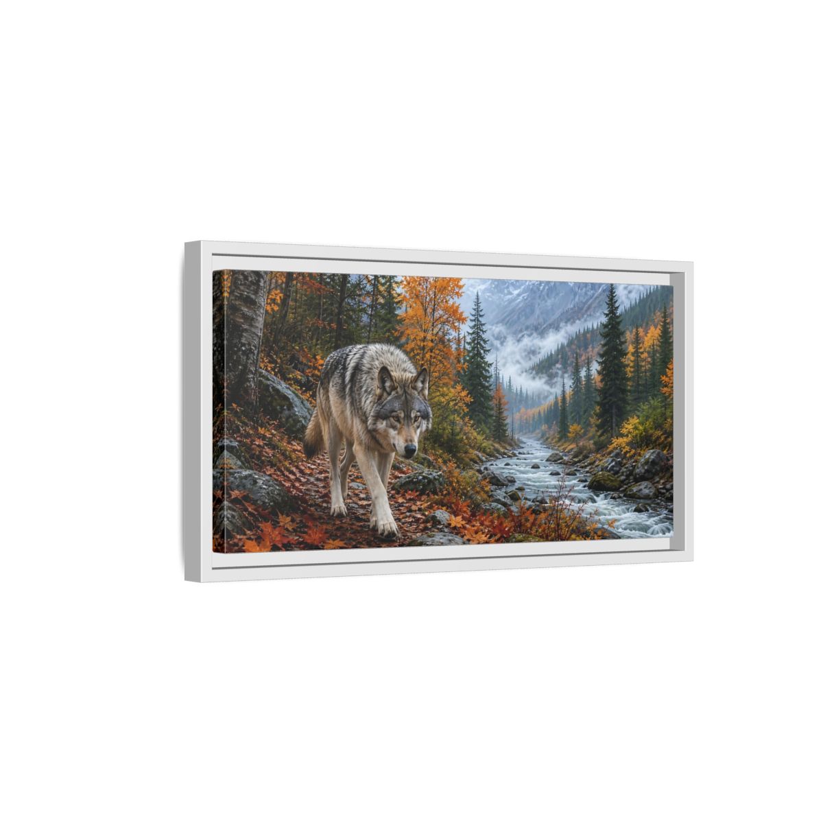 Side Mockup 6. Nature Wolf Autumn Wolf shown as stretched canvas wall art