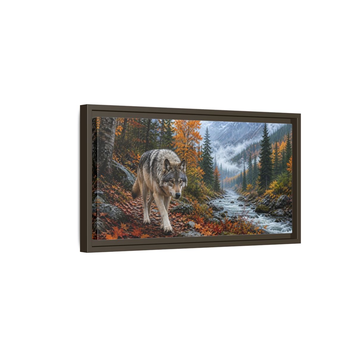 Side Mockup 7. Nature Wolf Autumn Wolf shown as stretched canvas wall art