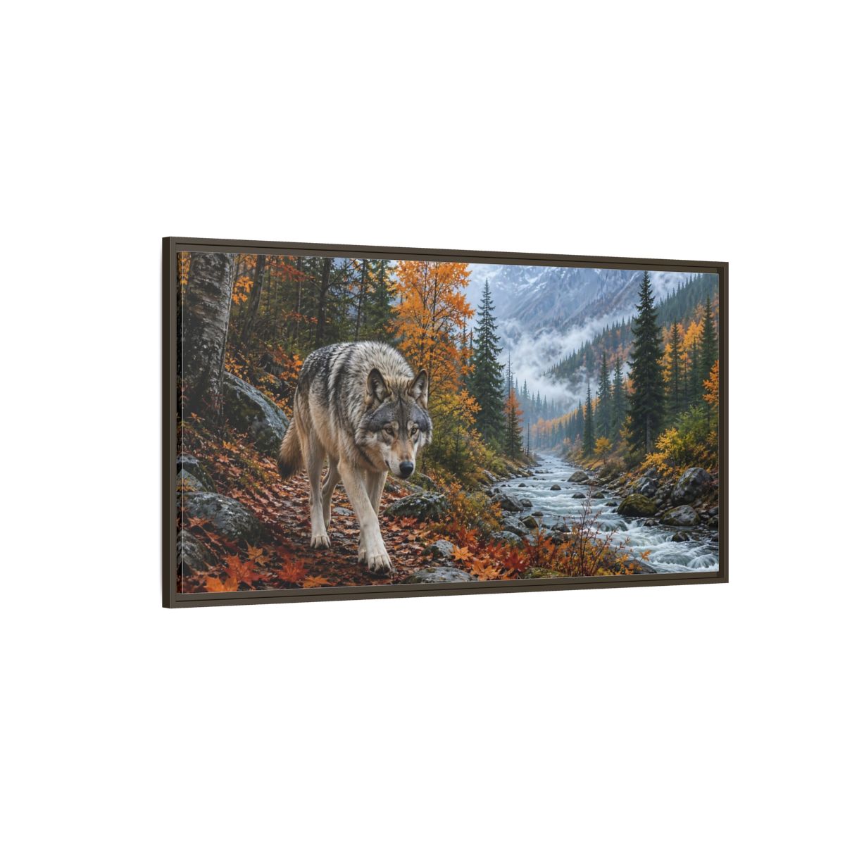 Side Mockup 4. Nature Wolf Autumn Wolf shown as stretched canvas wall art