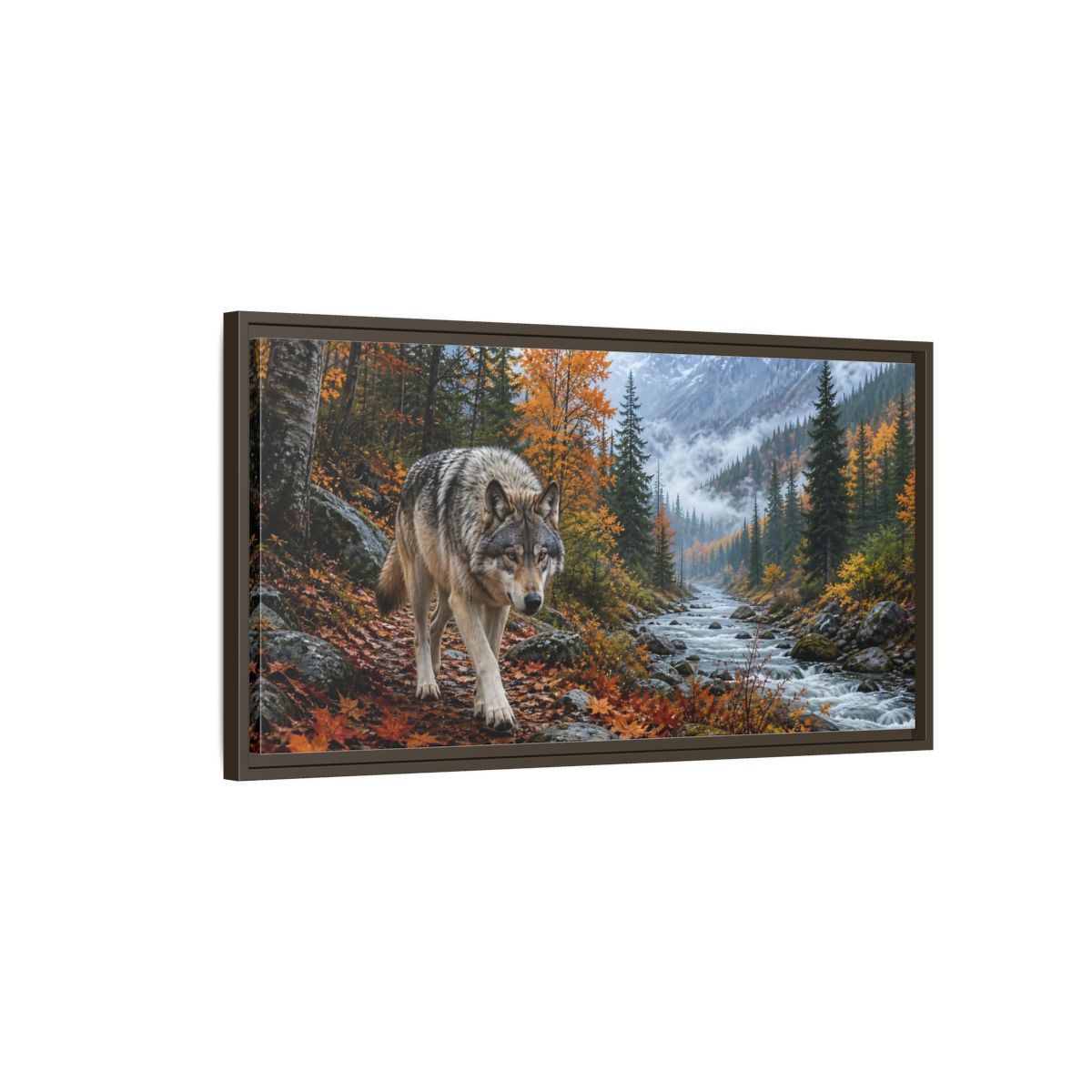 Main Mockup. Nature Wolf Autumn Wolf shown as stretched canvas wall art