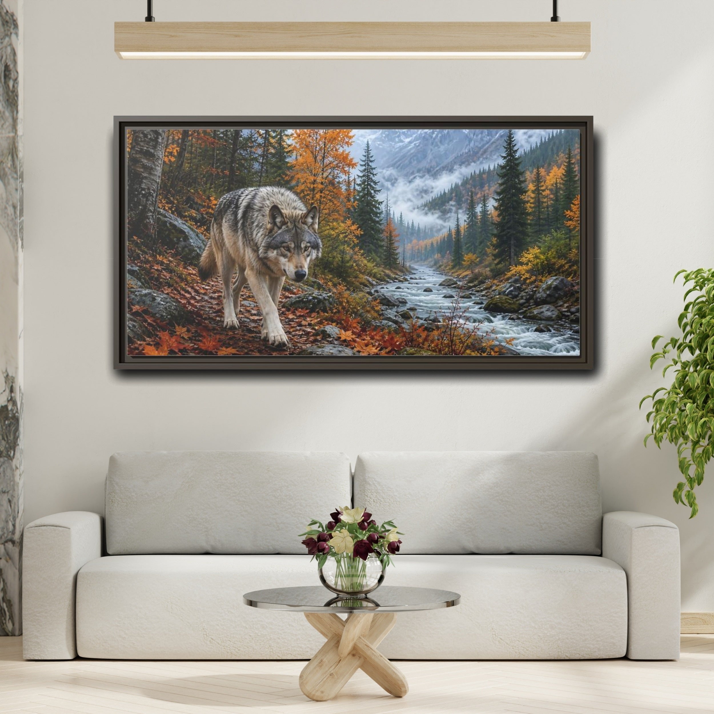 Mockup 2. Nature Wolf Autumn Wolf shown as stretched canvas wall art