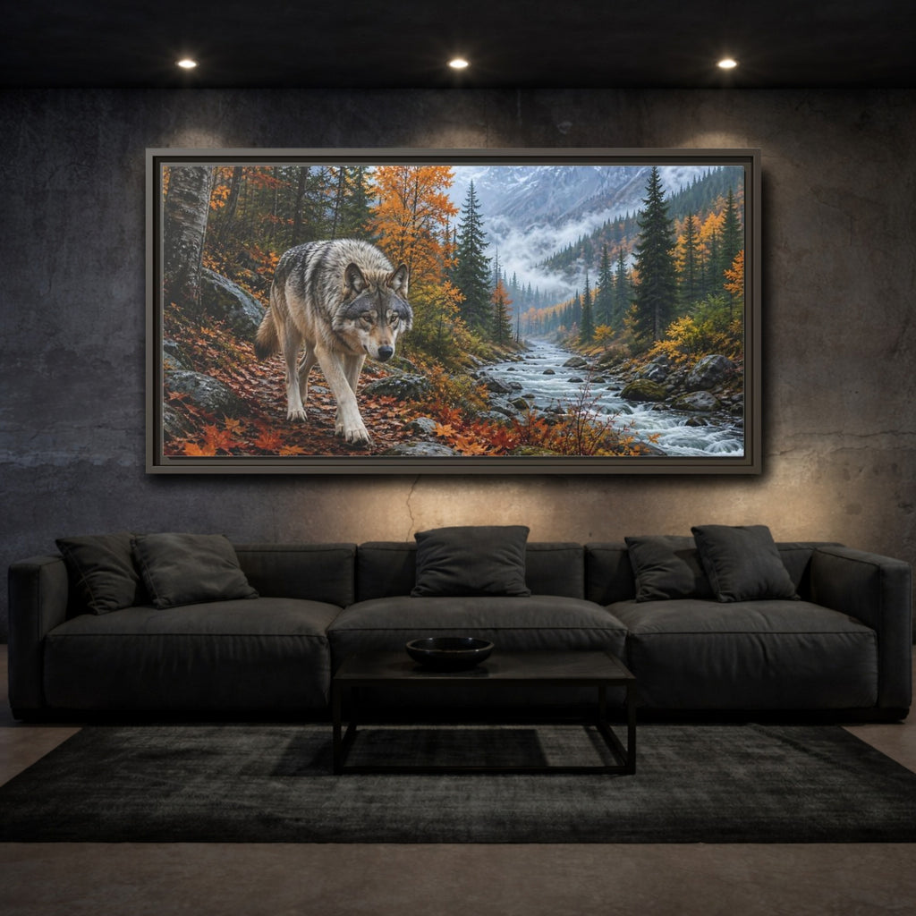 Mockup 3. Nature Wolf Autumn Wolf shown as stretched canvas wall art