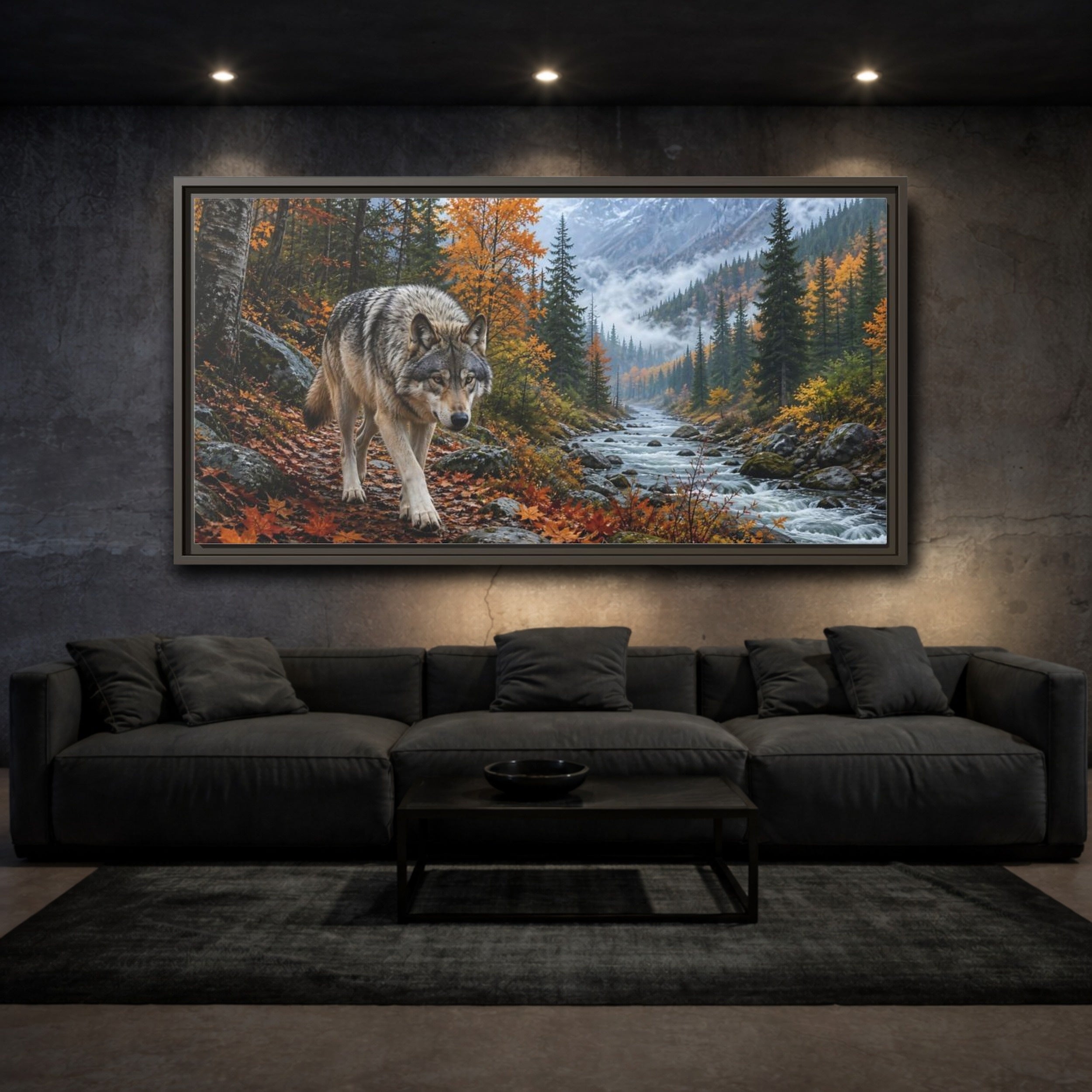 Mockup 3. Nature Wolf Autumn Wolf shown as stretched canvas wall art