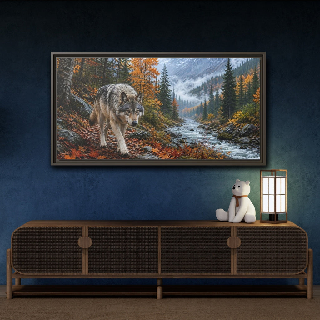 Mockup 4. Nature Wolf Autumn Wolf shown as stretched canvas wall art