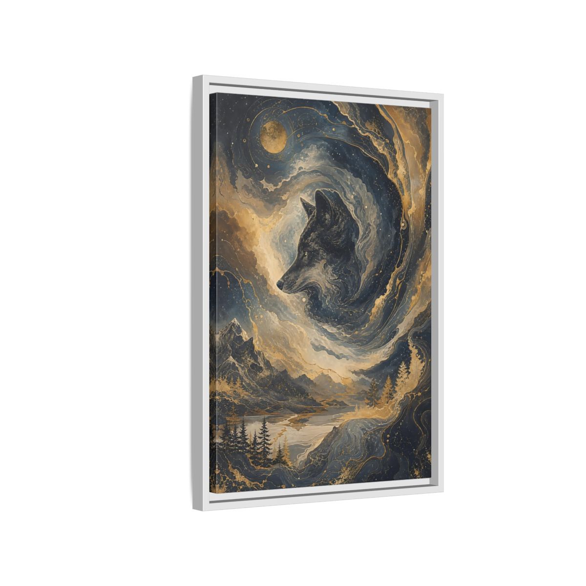 Side Mockup 1. Nature Wolf Blue And Gold shown as stretched canvas wall art