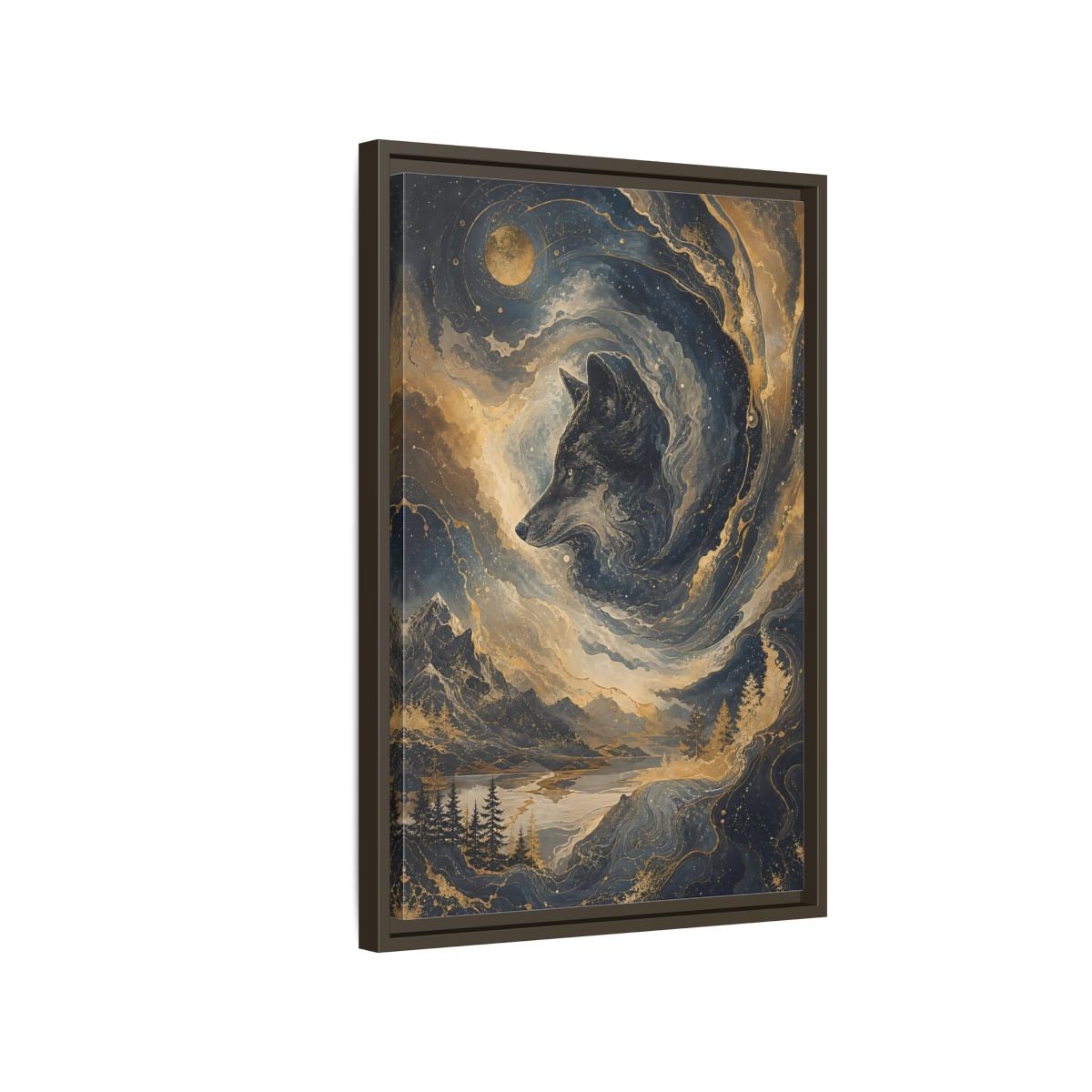 Side Mockup 2. Nature Wolf Blue And Gold shown as stretched canvas wall art