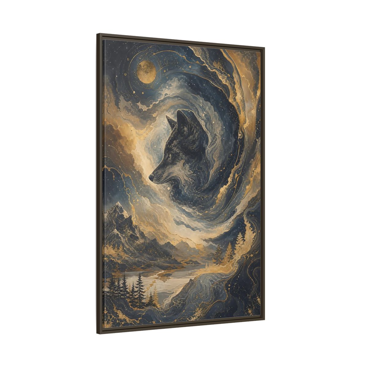 Side Mockup 8. Nature Wolf Blue And Gold shown as stretched canvas wall art