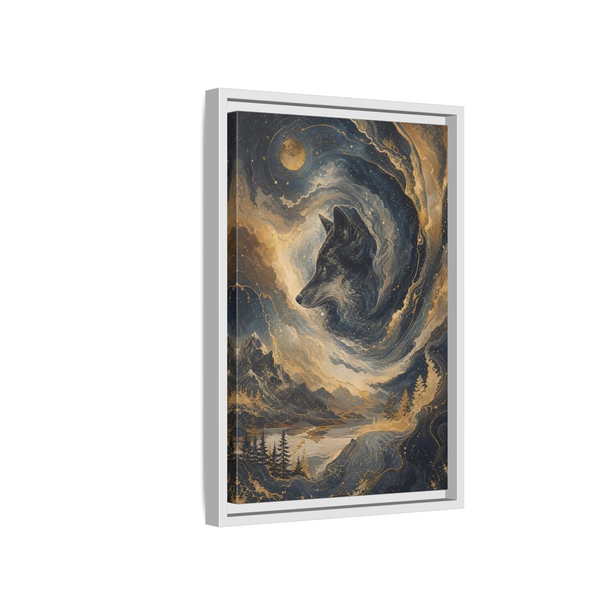 Side Mockup 4. Nature Wolf Blue And Gold shown as stretched canvas wall art