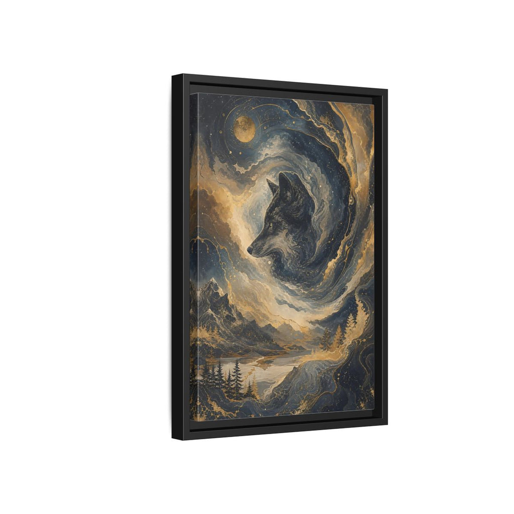 Side Mockup 6. Nature Wolf Blue And Gold shown as stretched canvas wall art