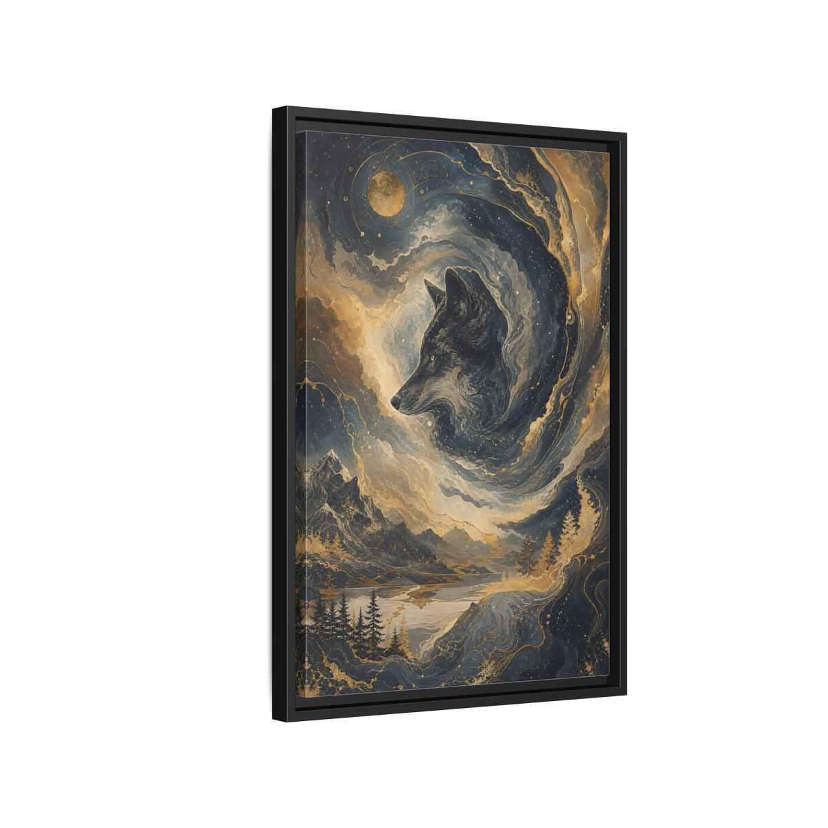 Side Mockup 3. Nature Wolf Blue And Gold shown as stretched canvas wall art
