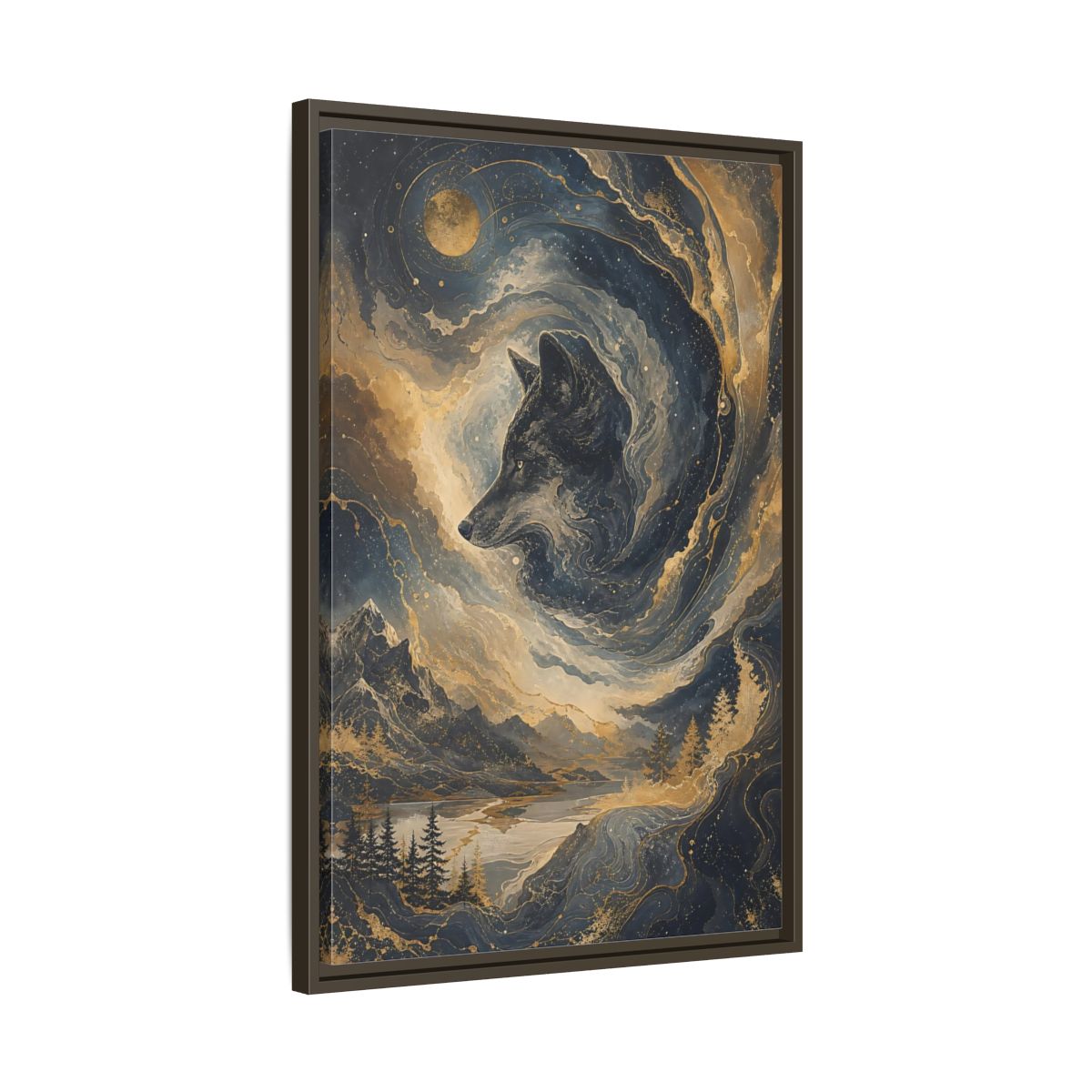 Side Mockup 11. Nature Wolf Blue And Gold shown as stretched canvas wall art