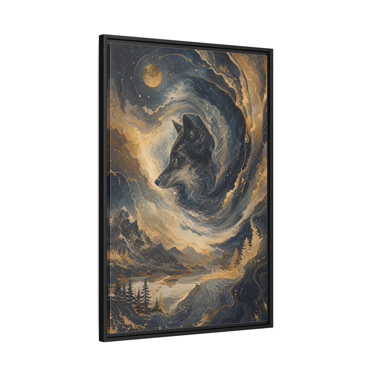 Side Mockup 13. Nature Wolf Blue And Gold shown as stretched canvas wall art