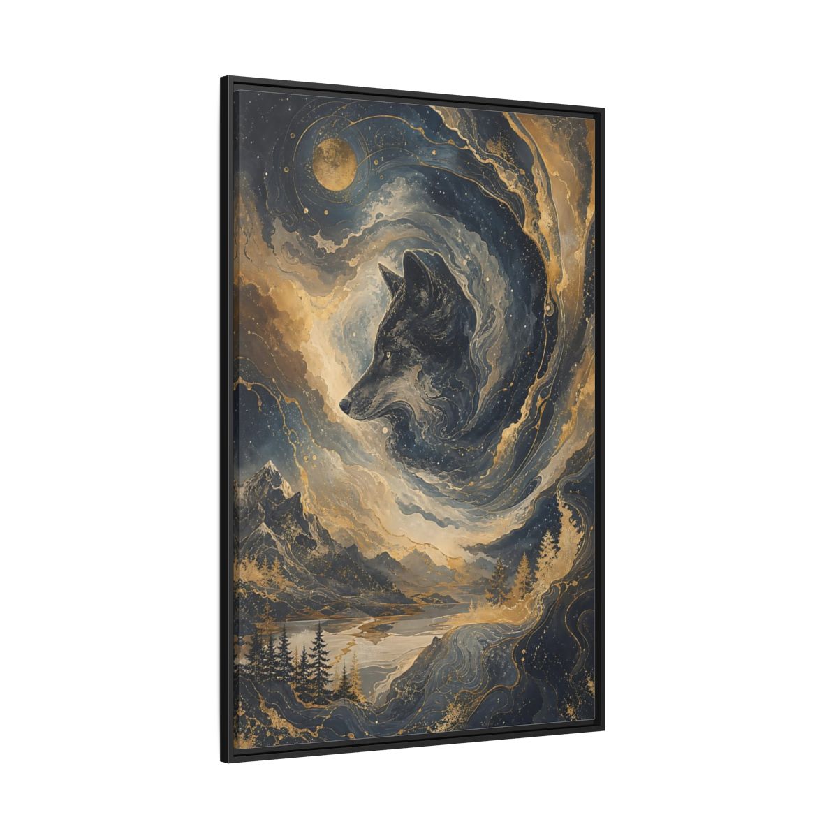 Side Mockup 12. Nature Wolf Blue And Gold shown as stretched canvas wall art