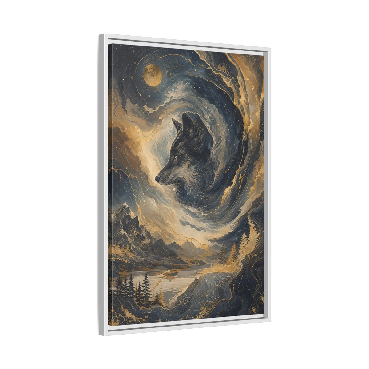 Side Mockup 10. Nature Wolf Blue And Gold shown as stretched canvas wall art