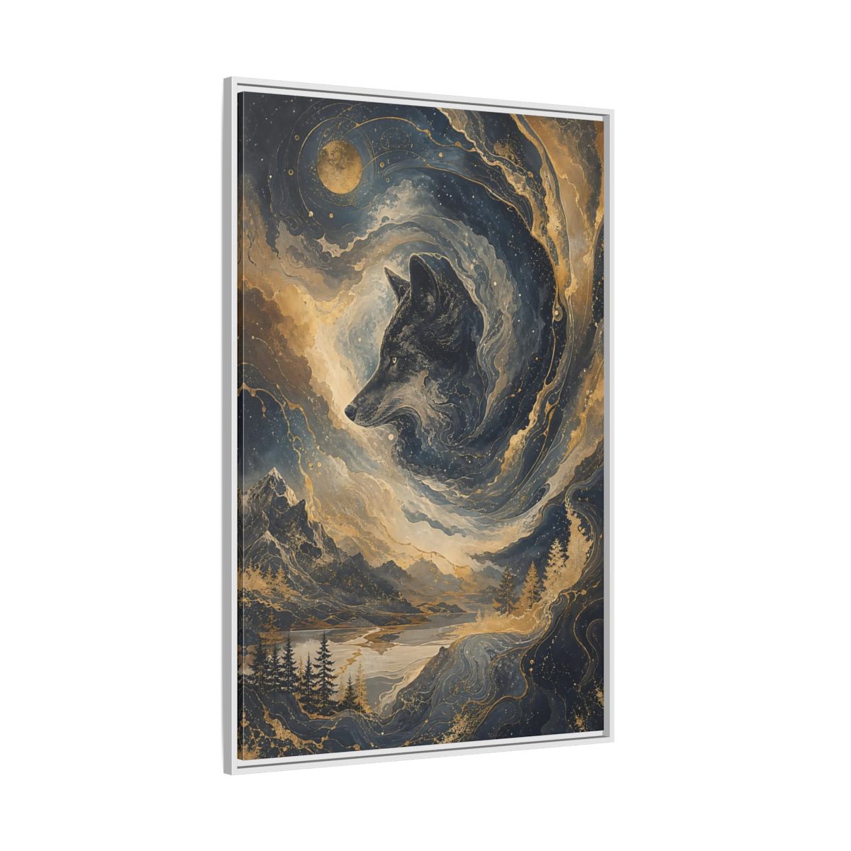 Side Mockup 7. Nature Wolf Blue And Gold shown as stretched canvas wall art