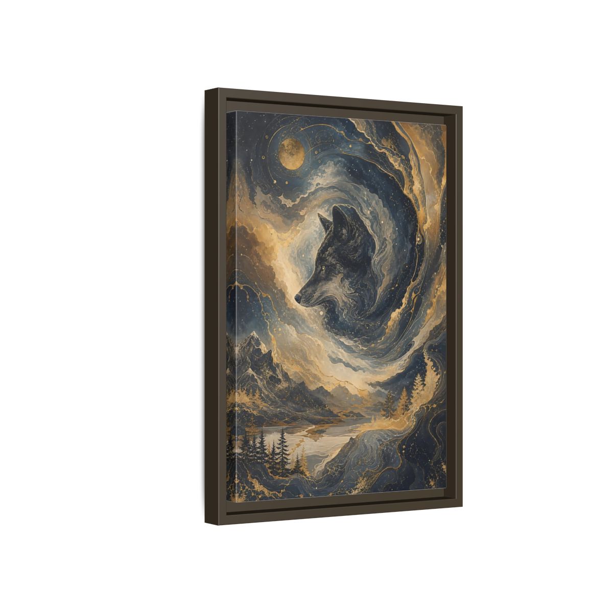 Side Mockup 5. Nature Wolf Blue And Gold shown as stretched canvas wall art