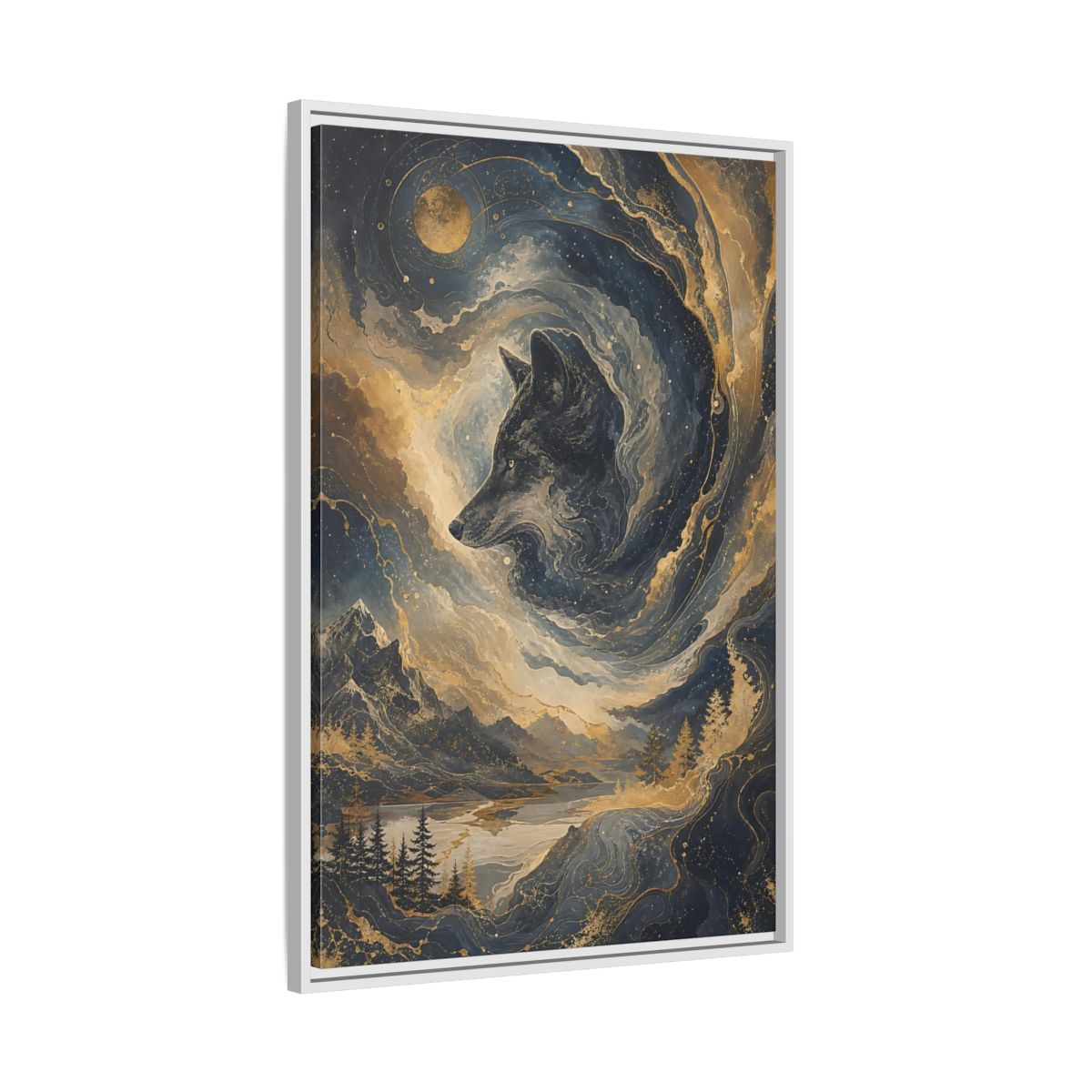 Side Mockup 9. Nature Wolf Blue And Gold shown as stretched canvas wall art