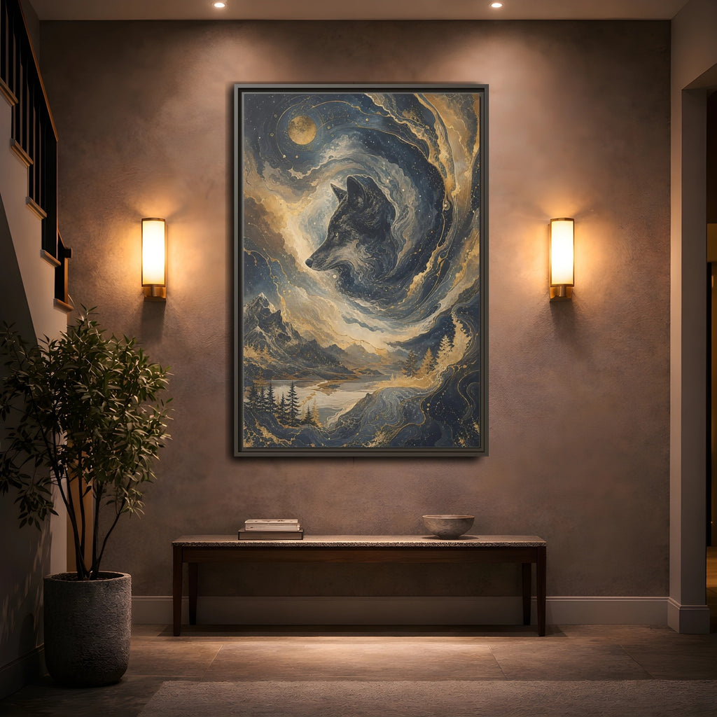 Mockup 2. Nature Wolf Blue And Gold shown as stretched canvas wall art