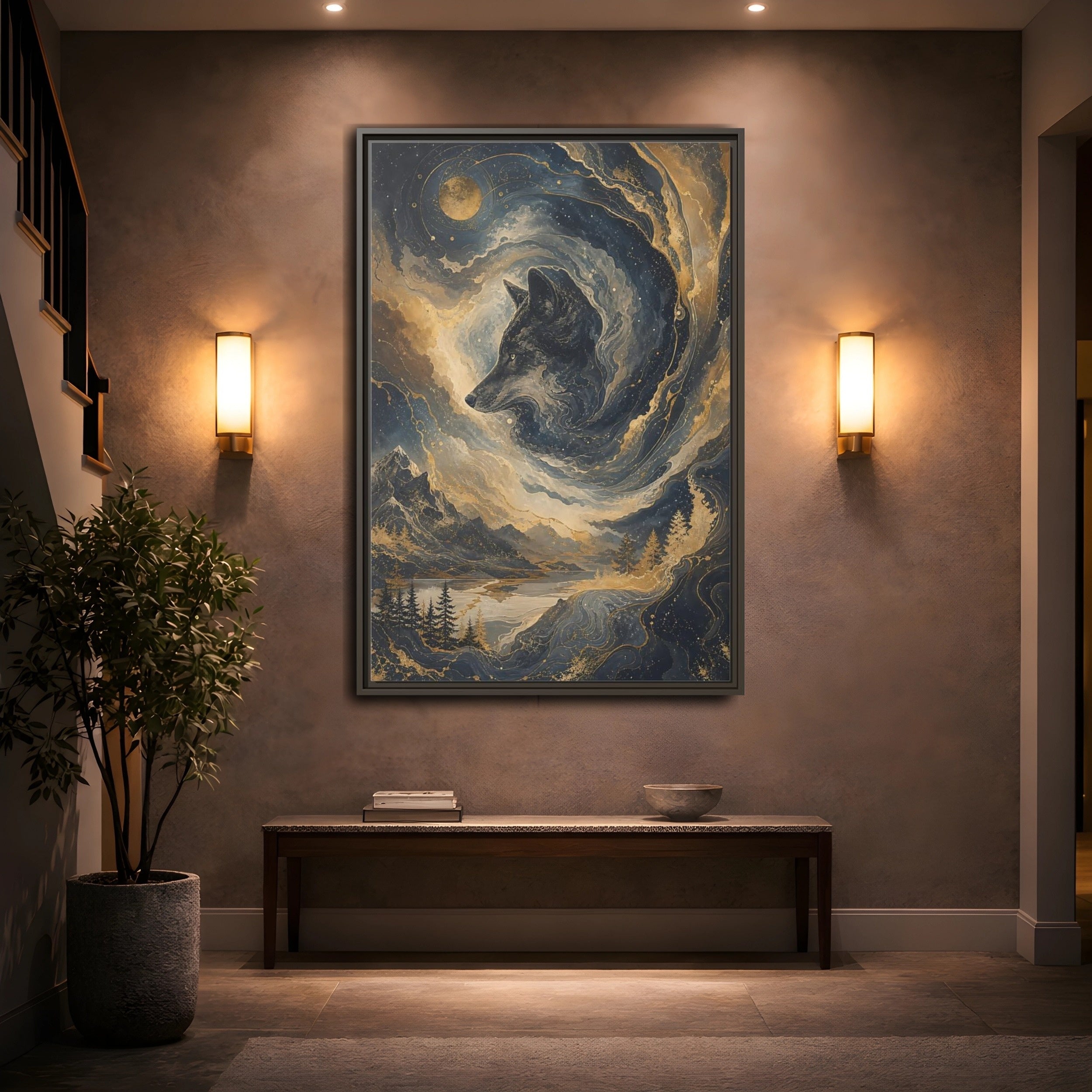 Mockup 2. Nature Wolf Blue And Gold shown as stretched canvas wall art