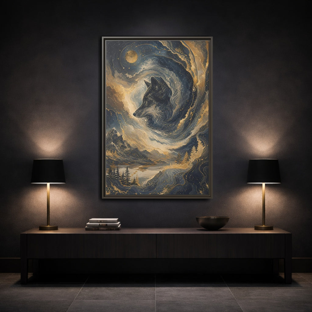 Mockup 3. Nature Wolf Blue And Gold shown as stretched canvas wall art