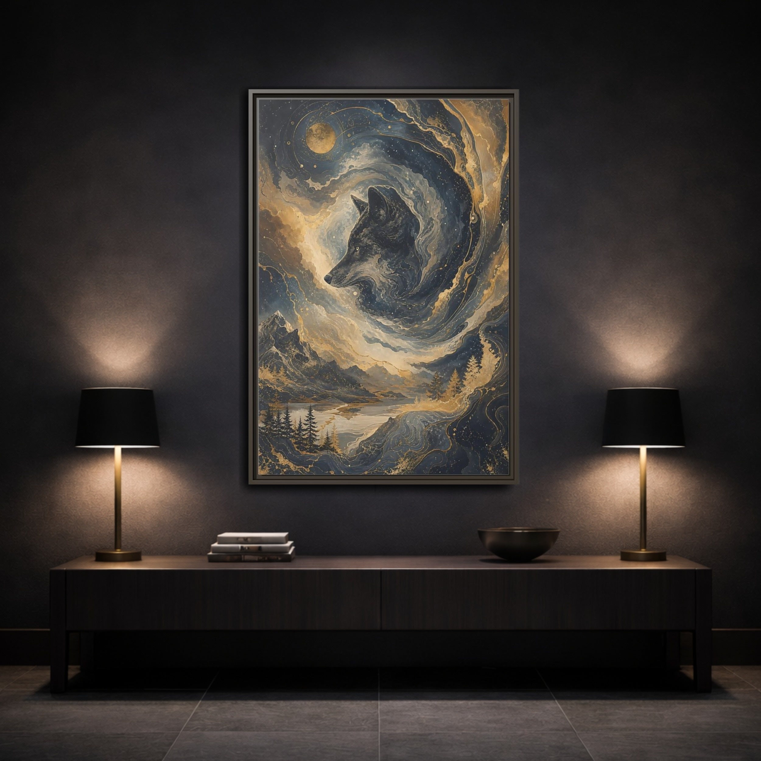 Mockup 3. Nature Wolf Blue And Gold shown as stretched canvas wall art