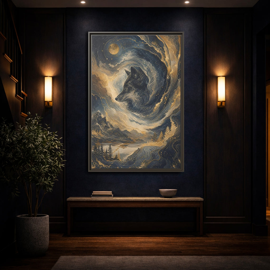 Mockup 4. Nature Wolf Blue And Gold shown as stretched canvas wall art