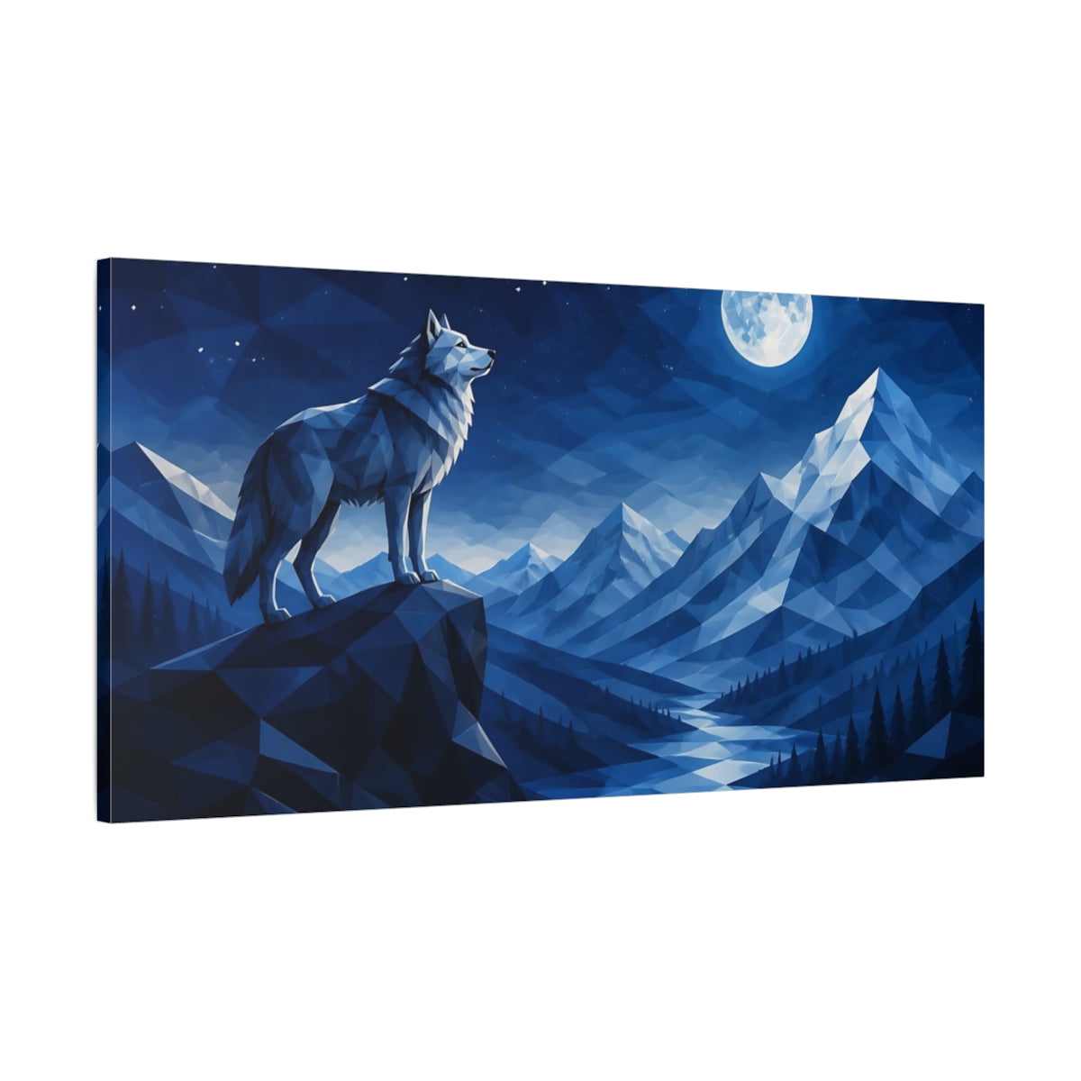 Main Mockup. Nature Wolf Blue And White shown as stretched canvas wall art