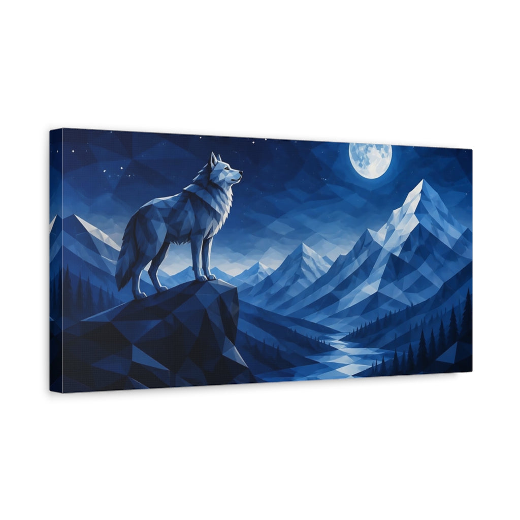 Side Mockup 3. Nature Wolf Blue And White shown as stretched canvas wall art