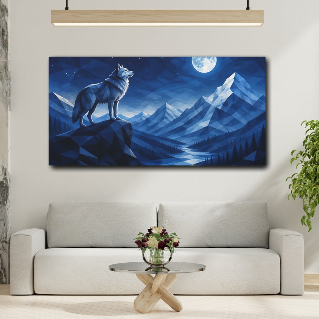 Mockup 2. Nature Wolf Blue And White shown as stretched canvas wall art