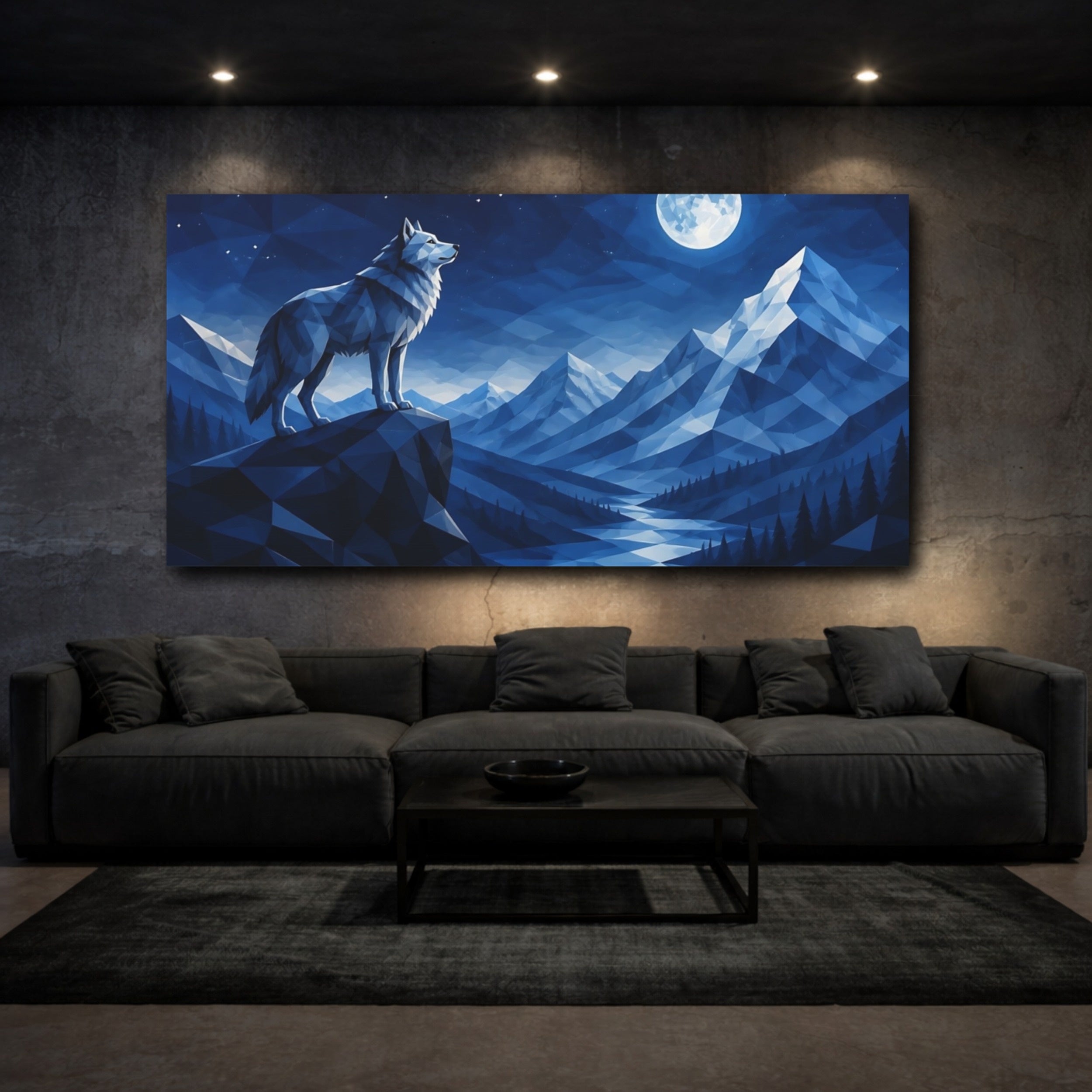 Mockup 3. Nature Wolf Blue And White shown as stretched canvas wall art