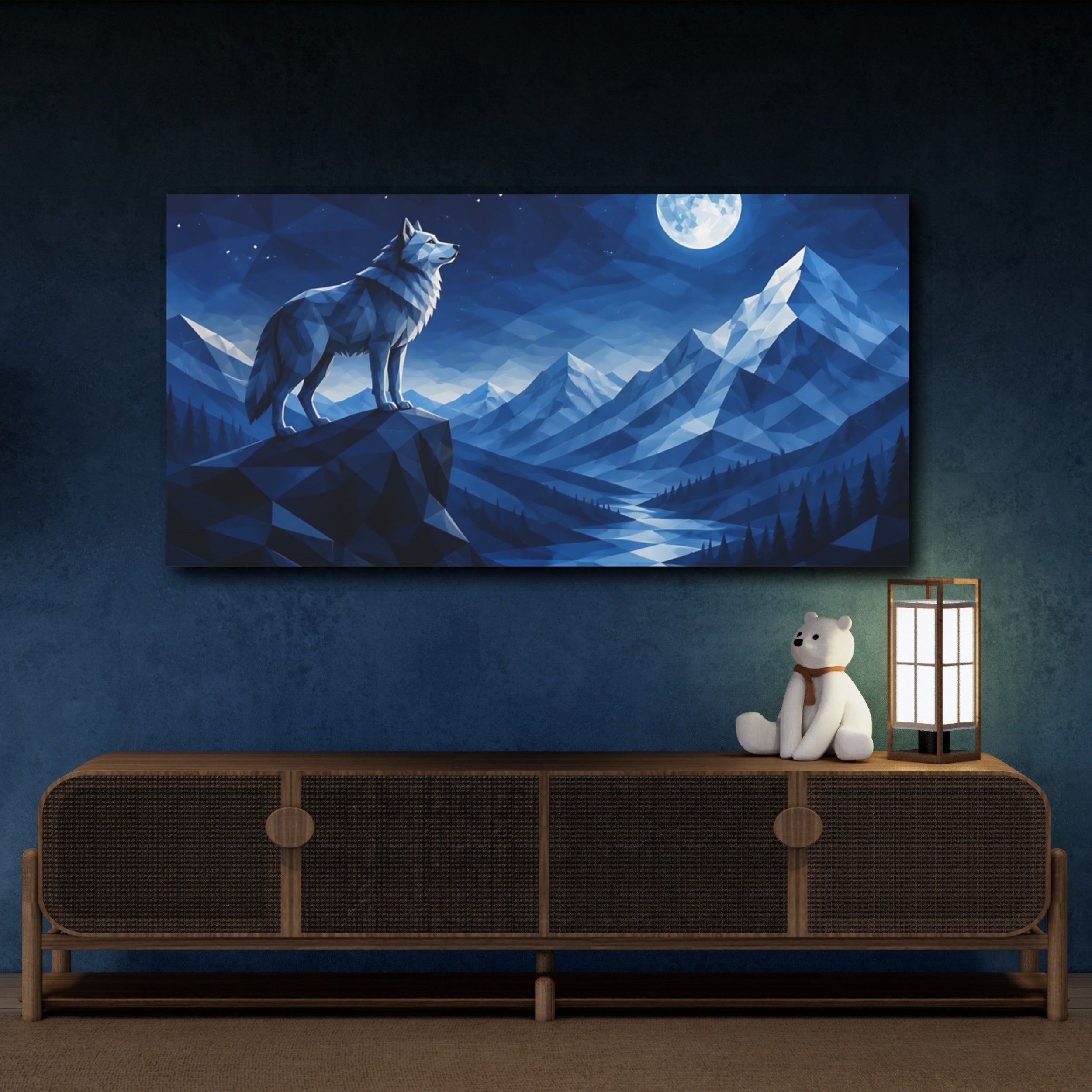 Mockup 4. Nature Wolf Blue And White shown as stretched canvas wall art