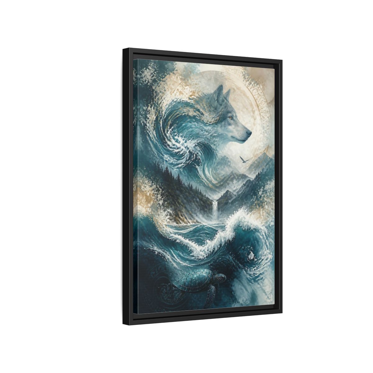 Side Mockup 3. Nature Wolf Blue Wolf Nature shown as stretched canvas wall art