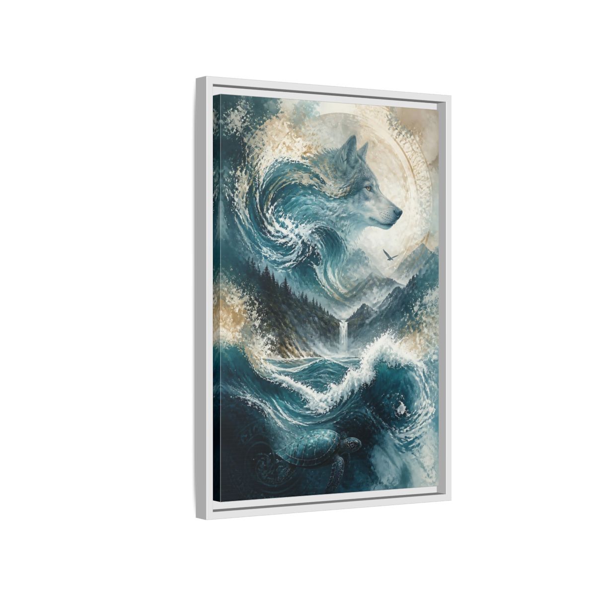 Side Mockup 1. Nature Wolf Blue Wolf Nature shown as stretched canvas wall art