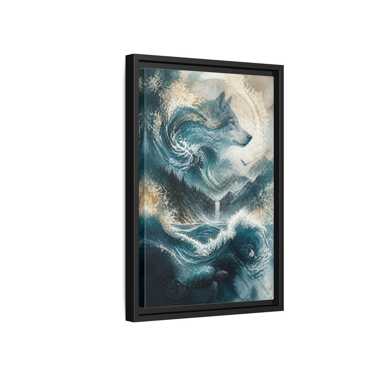 Side Mockup 6. Nature Wolf Blue Wolf Nature shown as stretched canvas wall art