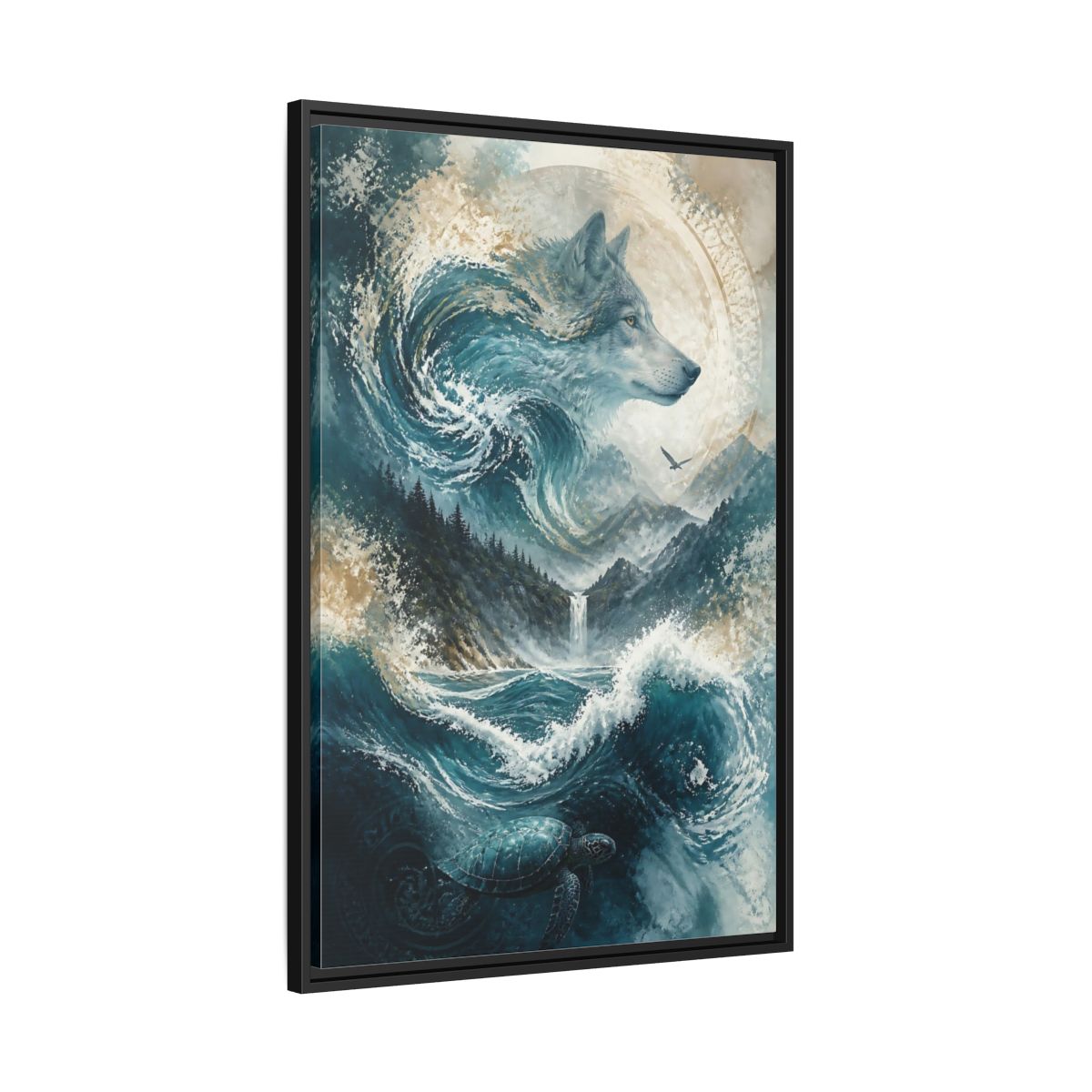 Side Mockup 13. Nature Wolf Blue Wolf Nature shown as stretched canvas wall art