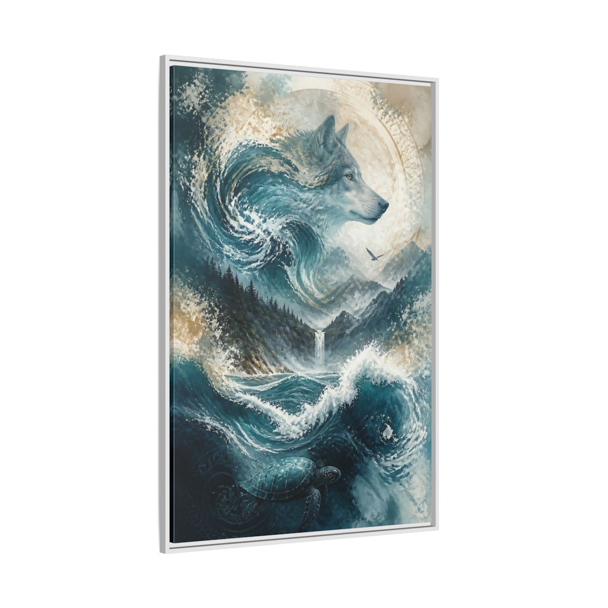 Side Mockup 7. Nature Wolf Blue Wolf Nature shown as stretched canvas wall art