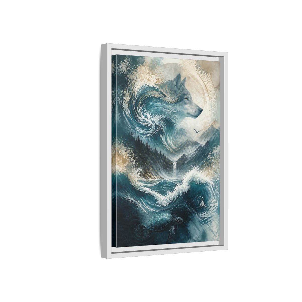 Side Mockup 4. Nature Wolf Blue Wolf Nature shown as stretched canvas wall art