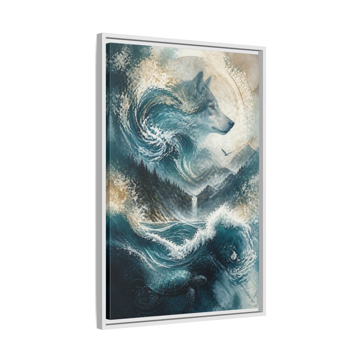 Side Mockup 10. Nature Wolf Blue Wolf Nature shown as stretched canvas wall art