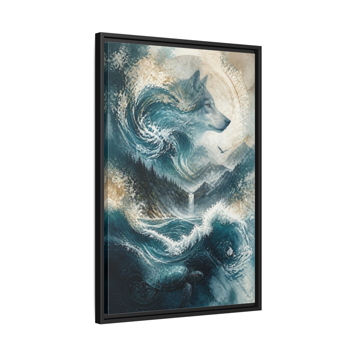 Side Mockup 14. Nature Wolf Blue Wolf Nature shown as stretched canvas wall art