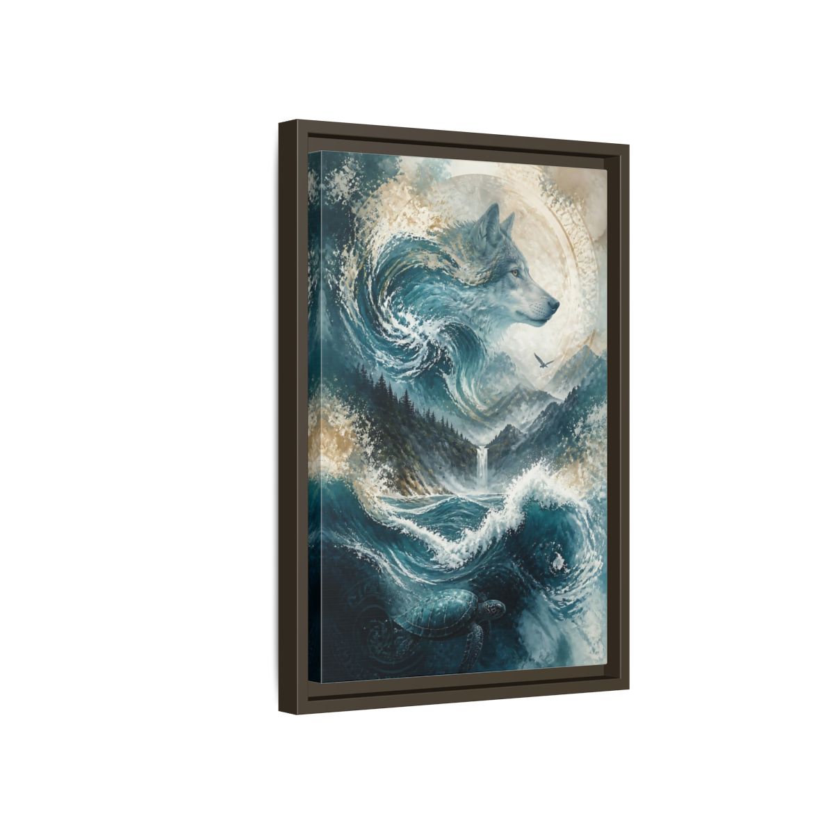 Side Mockup 5. Nature Wolf Blue Wolf Nature shown as stretched canvas wall art